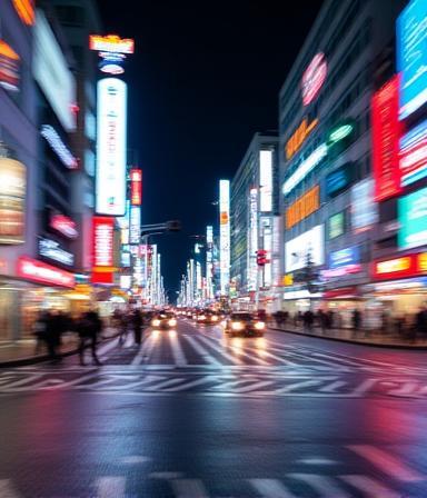 Bustling street intersection in Tokyo, Japan with neon signs